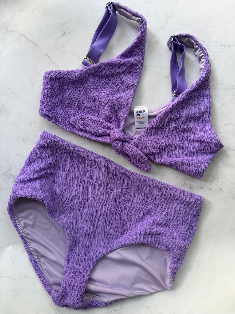 Kitty And Vibe Purple Textured Tie Front High Wasited Two Piece Bathing Suit